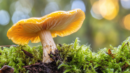 Macro shot of a fresh chanterelle mushroom, capturing its detailed cap and textured forest surroundings.の素材