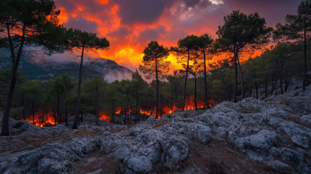 Intense wildfire in the forests of Marmaris, with orange flames glowing against the evening sky.の素材
