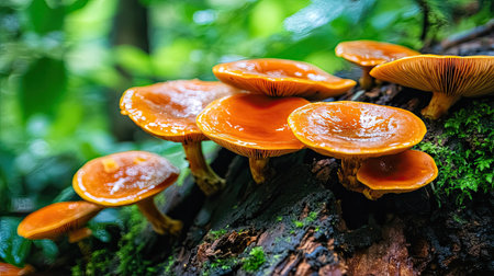 Lush forest scene with Reishi mushrooms sprouting from tree bark, their glossy caps reflecting light.の素材