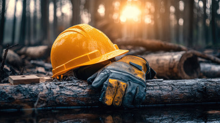 Hard hat and gloves reflecting sunlight on wet wood, symbolizing a fresh start after a rainy break at work.の素材