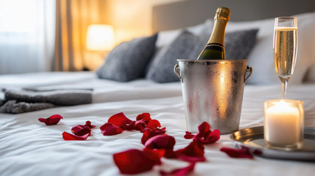 A luxurious hotel bed with a champagne bucket, soft candle glow, and delicate red rose petals scattered on white linens.の素材