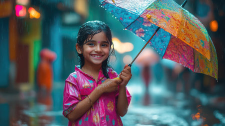 A schoolgirl in a pink raincoat smiling while holding a colorful umbrella, walking on a wet street in monsoon rain.の素材