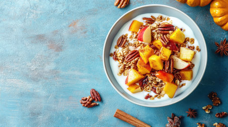 Autumn-inspired granola bowl with Greek yogurt, caramelized apples, pumpkin cubes, cinnamon, and nuts on a textured stone surface.の素材