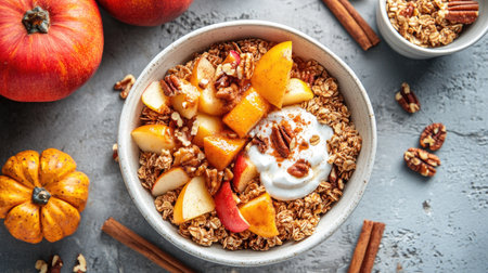 Beautifully plated fall granola bowl with yogurt, caramelized apples, pumpkin, cinnamon sticks, and nuts, set on a textured stone surface.の素材
