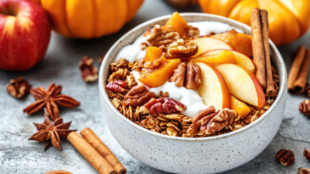 Beautifully plated fall granola bowl with yogurt, caramelized apples, pumpkin, cinnamon sticks, and nuts, set on a textured stone surface.の素材