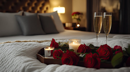 Cozy and luxurious bed in a romantic hotel room, featuring a tray of champagne, red roses, and candles on silky white linens.の素材