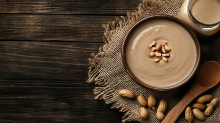 Creamy homemade peanut butter in a bowl, with a wooden spoon, a glass jar, and fresh groundnuts on a rustic wooden background.の素材