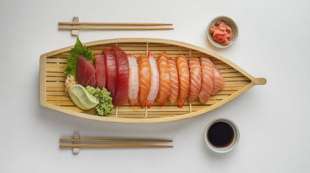 Elegant sashimi boat with fresh salmon, tuna, and shrimp, served on a bamboo mat with chopsticks and soy sauce, top-down view.の素材