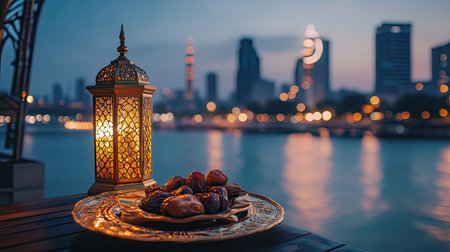 Crescent moon, golden lantern, and dates arranged artistically against a softly lit city skyline at night for Ramadan Kareem.の素材