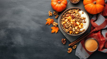 Delicious homemade granola bowl with creamy yogurt, caramel apples, pumpkin pieces, walnuts, and cinnamon, placed on a cool stone surface.の素材
