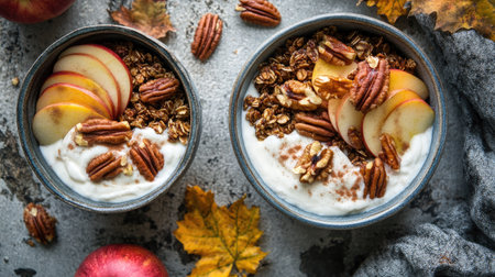 Hearty fall granola bowl with yogurt, caramelized apple slices, cinnamon-roasted pumpkin, and pecans, set on a textured stone background.の素材