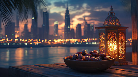 Glowing golden lantern next to a bowl of dates, beautifully set against a peaceful Ramadan night and shimmering city lights.の素材