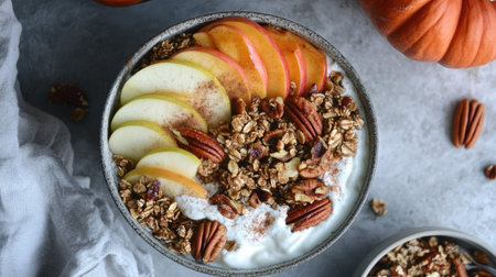 Hearty fall granola bowl with yogurt, caramelized apple slices, cinnamon-roasted pumpkin, and pecans, set on a textured stone background.の素材