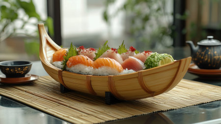 Japanese sashimi boat on a bamboo mat with a tea set in the background, highlighting authentic culinary artistry.の素材