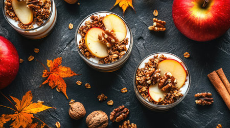 Homemade granola with yogurt, caramel apple slices, spiced pumpkin cubes, and walnuts on a textured stone background, top-down view.の素材