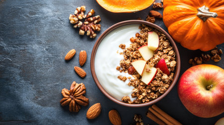 Homemade granola breakfast bowl with yogurt, caramelized apples, pumpkin, nuts, and cinnamon, arranged on a textured stone background.の素材