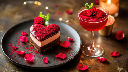 Luxurious heart-shaped dessert with red rose petals, served with a romantic red cocktail in a candlelit Valentine's setting.の素材