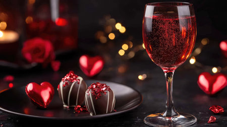 Luxurious red rose chocolate truffle paired with a sparkling red Valentine's drink on a dark, moody background.の素材