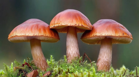 Mushroom close-up in a serene moss-covered forest, capturing fine details of Boletus fungi.の素材