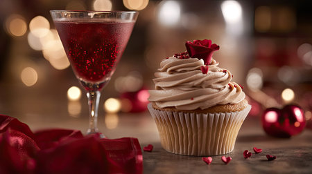Romantic red rose cupcake with silky frosting, placed beside a sparkling red cocktail on a Valentine's dinner table.の素材