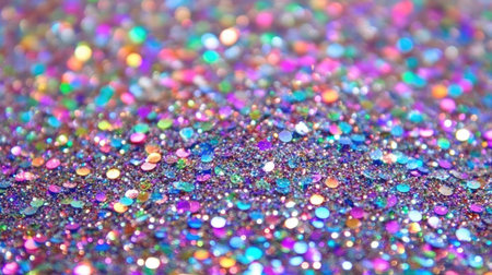 Sky-themed holographic glitter texture with shifting iridescent rainbow colors, forming an abstract dreamy background.の素材