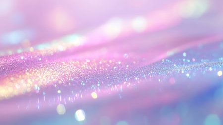 Soft pastel rainbow glitter texture with holographic reflections, forming a mesmerizing and dreamy abstract background.の素材
