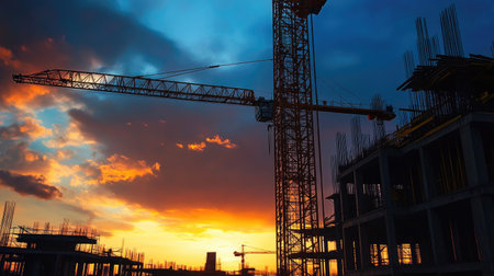 Silhouette of a tower crane, against a fiery sunset sky over a bustling construction site.の素材