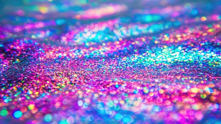Soft-focus holographic rainbow glitter texture with a sky-like gradient of pink, blue, and purple hues.の素材