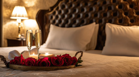 Soft-focus romantic hotel bed with a tray of candles, champagne, and red roses, creating a cozy and intimate setting.の素材
