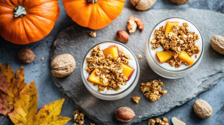 Warm and comforting fall breakfast with Greek yogurt, golden granola, caramelized apples, pumpkin, and nuts, beautifully arranged on stone.の素材
