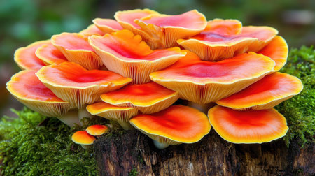 Steinpilz mushroom growing at the edge of a moss-covered tree stump, with soft-focus woodland background.の素材