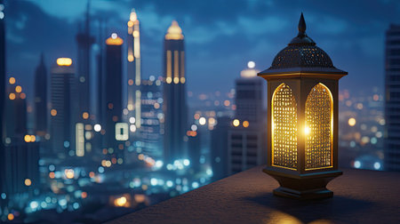 Symbolic Ramadan elements including a golden lantern and dates, set against a breathtaking night sky with glowing city lights.の素材