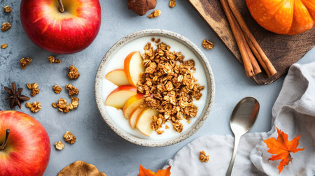 Top-down view of a nourishing fall breakfast with yogurt, crunchy granola, warm caramelized apples, pumpkin, and cinnamon, set on a stone surface.の素材