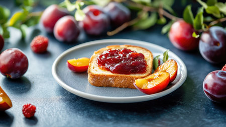A plate with toast and plum jam, surrounded by ripe plums and fresh berries on a dark blue kitchen counter. Warm, rustic atmosphere.の素材