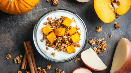 Warm and inviting fall breakfast with yogurt, nutty granola, roasted pumpkin cubes, caramelized apple slices, and cinnamon on a rustic stone table.の素材