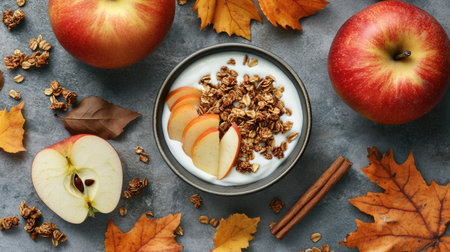 Top-down view of a nourishing fall breakfast with yogurt, crunchy granola, warm caramelized apples, pumpkin, and cinnamon, set on a stone surface.の素材