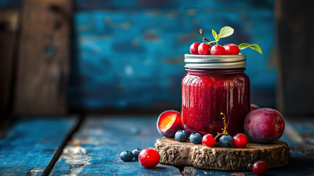 A rustic jar of homemade plum jam with ripe plums and fresh berries on a deep blue wooden background. Soft lighting.の素材