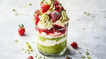 Aesthetic matcha and strawberry trifle dessert in a glass jar. Lime sponge cake, matcha mascarpone cream, and berries. White table background.の素材