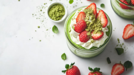 Aesthetic matcha and strawberry trifle dessert in a glass jar. Lime sponge cake, matcha mascarpone cream, and berries. White table background.の素材