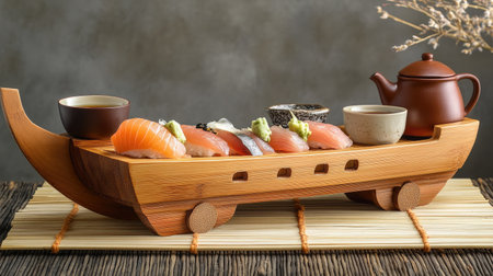 Traditional sashimi presentation in a wooden boat on a bamboo mat, accompanied by a teapot and sake cups in soft lighting.の素材