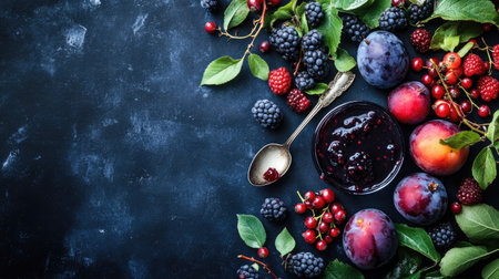 A spoonful of rich plum jam next to fresh plums and berries on a dark blue surface. Elegant food photography, moody lighting.の素材