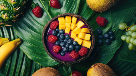 Aa bowl in a coconut shell, placed on a banana leaf with fresh tropical fruits surrounding, exotic wellness food, bright lighting, top viewの素材