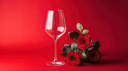 Valentine's romance concept with fresh red roses and an elegant empty wine glass on a bold red backdrop.の素材