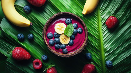 Aa bowl in a coconut shell, placed on a banana leaf with fresh tropical fruits surrounding, exotic wellness food, bright lighting, top viewの素材