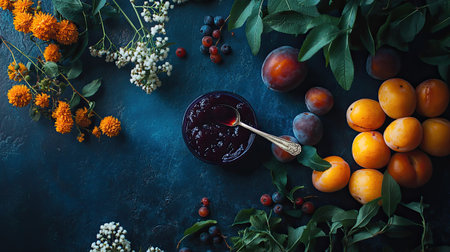 A spoonful of thick plum jam next to fresh plums and berries on a dark blue kitchen table. Rich food photography.の素材