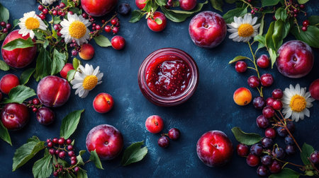 A glass jar of homemade plum jam surrounded by ripe plums and fresh berries on a dark blue kitchen table. Moody lighting.の素材