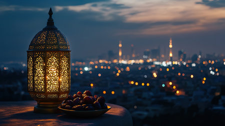 Warm and inviting Ramadan still life with an intricate golden lantern and dates, softly lit against a night skyline with city lights.の素材