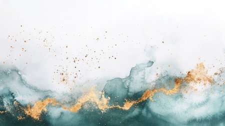 Artistic green and gold watercolor splash blending into a light background, creating a delicate and sophisticated texture.の素材
