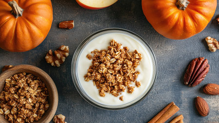 Warm and cozy breakfast with homemade granola, thick yogurt, cinnamon-spiced apples, roasted pumpkin, and nuts on a rustic stone table.の素材