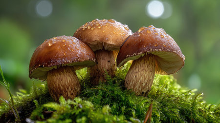 Young Boletus mushrooms emerging from soft moss, with water droplets on their caps.の素材